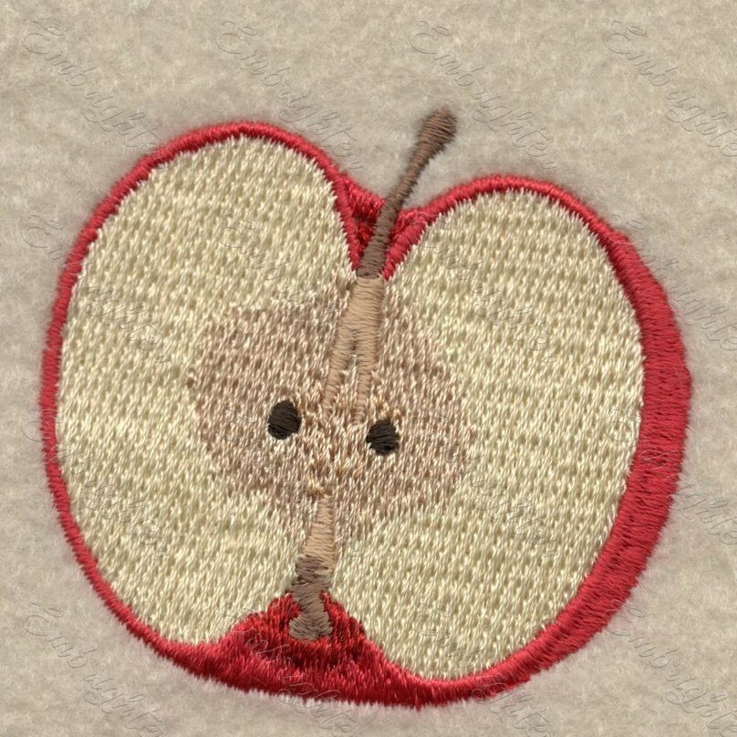 Machine embroidery design. Real looking, half cutted apple pattern.