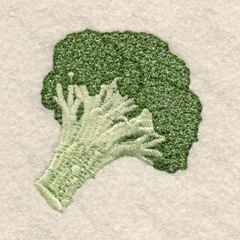 Machine embroidery design - real looking broccoli. Can be used for kitchen textiles, pillows, other decorations.