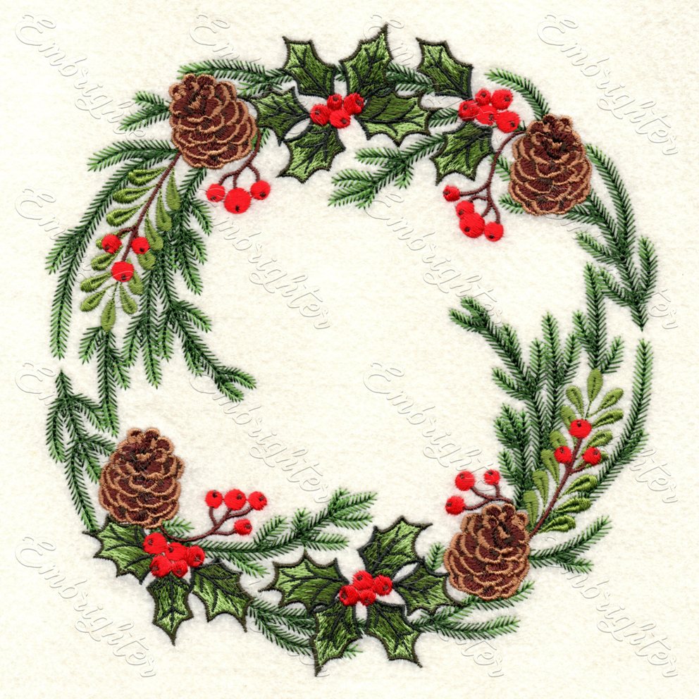 Christmas wreath embroidery design in two sizes, image size:992x992