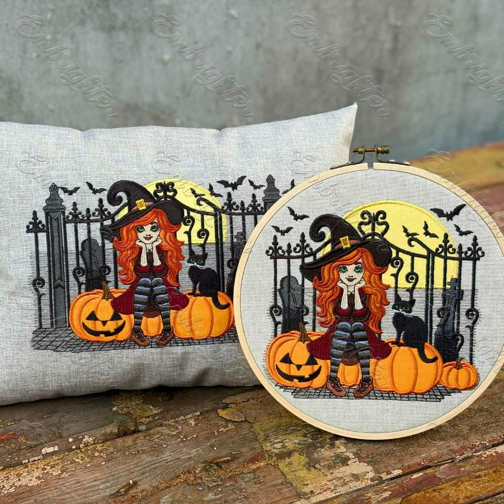 Halloween Night Witch MEDIUM Size Machine Embroidery Design Set