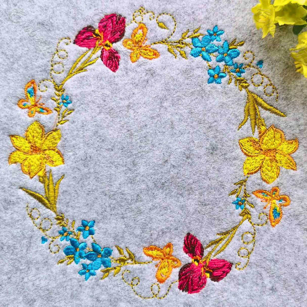 Spring flower wreath machine embroidery design available in 3 sizes