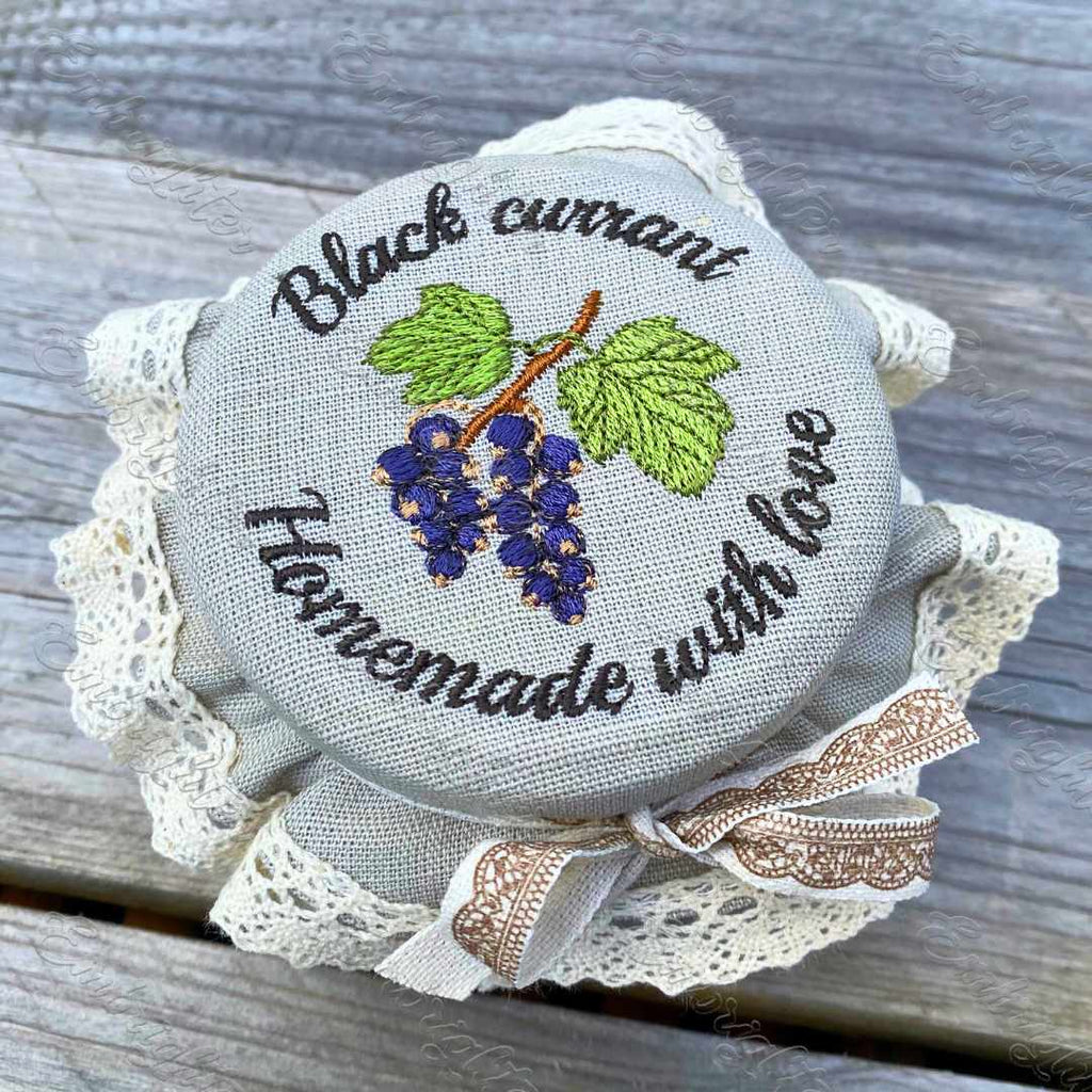 Black currant jar lid cover embroidery design