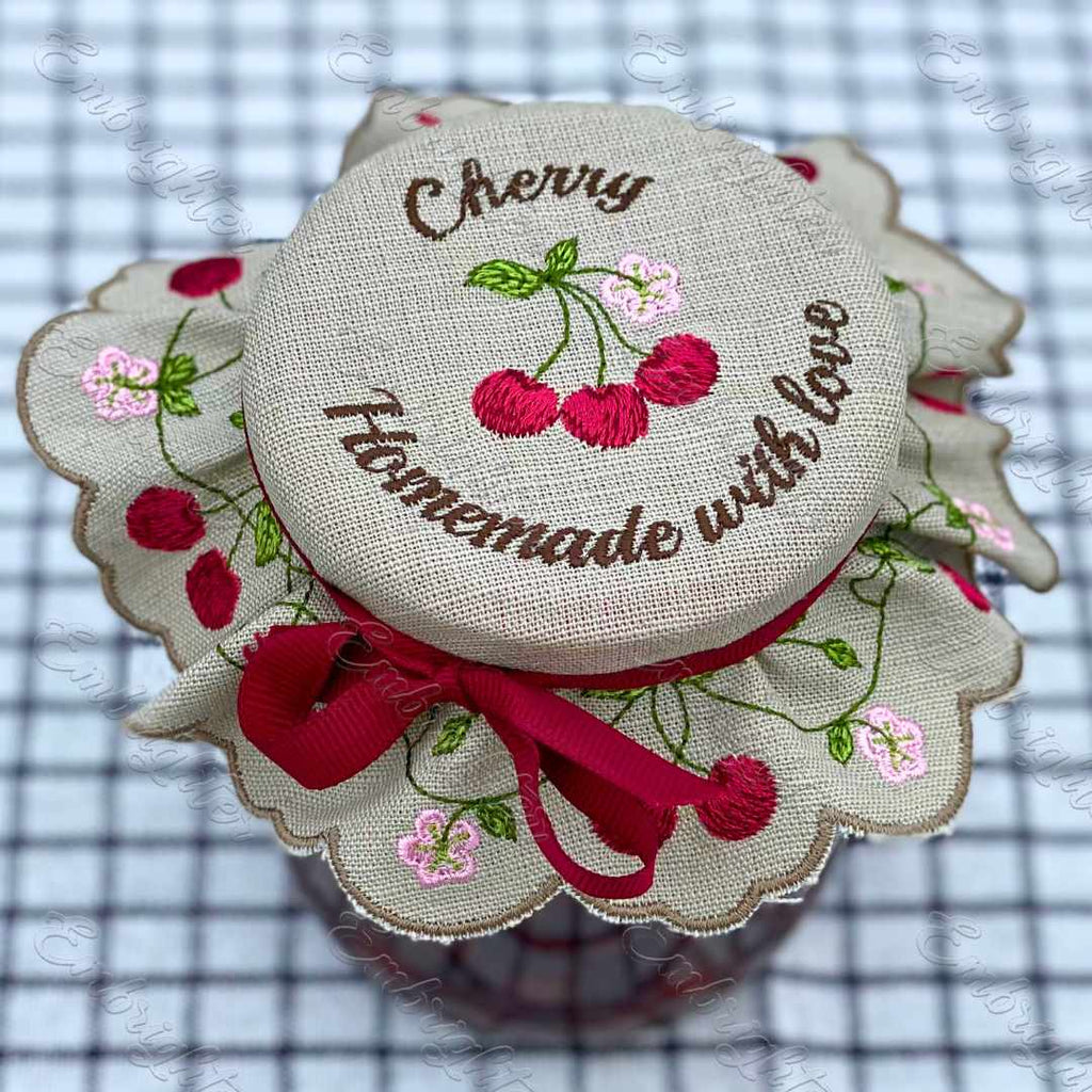 Cherry jam jar cover embroidery design in two sizes