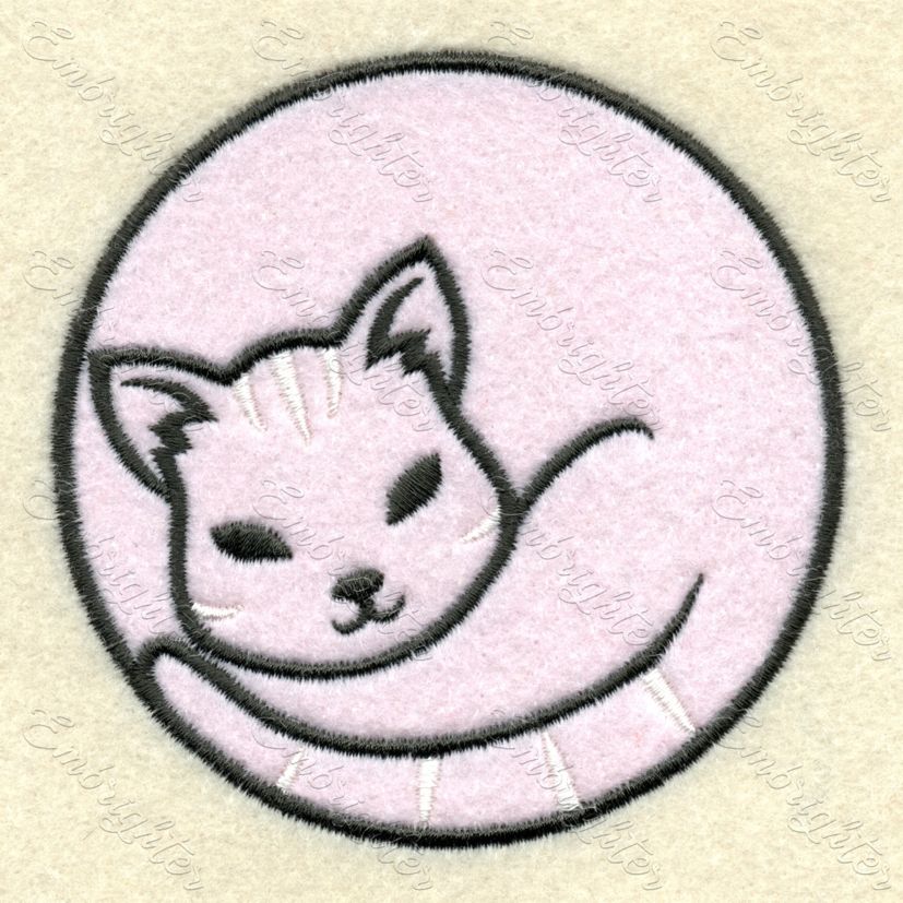 Curled up applique cat embroidery design