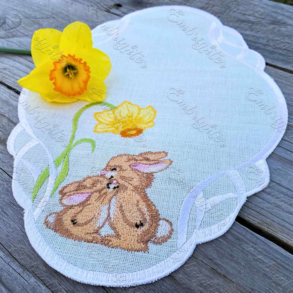 Daffodil with bunnies mini tablecloth ITH embroidery design – Embrighter