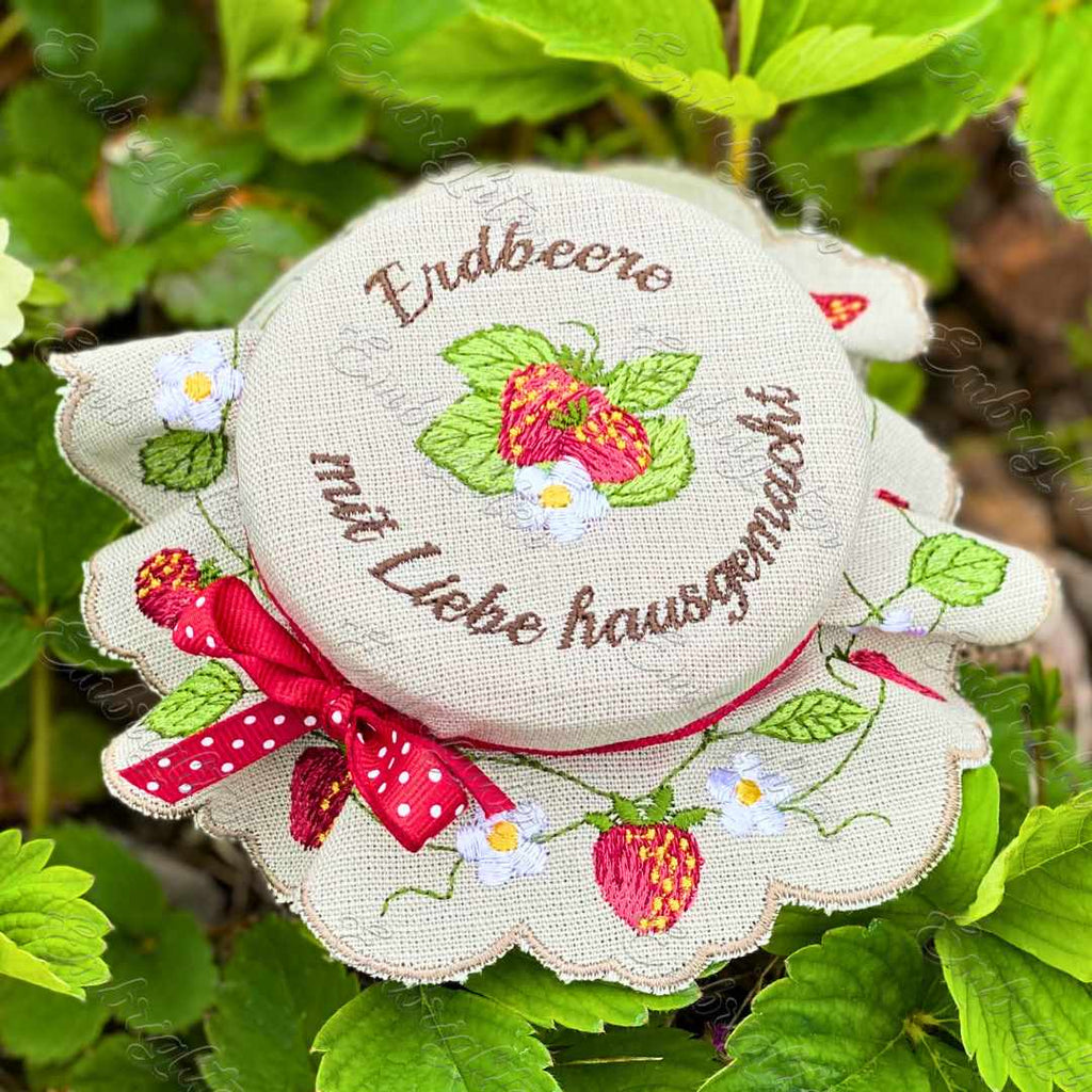 Erdbeere jam jar cover embroidery design in two sizes ( DEUTSCH )