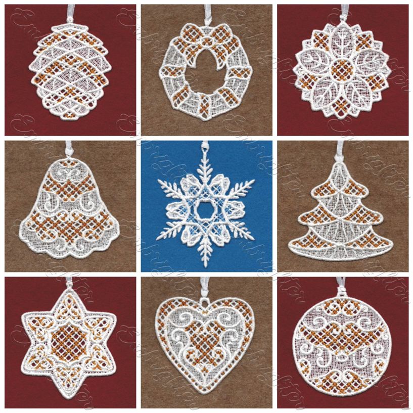 White FSL Ornament embroidery design set with gold accents