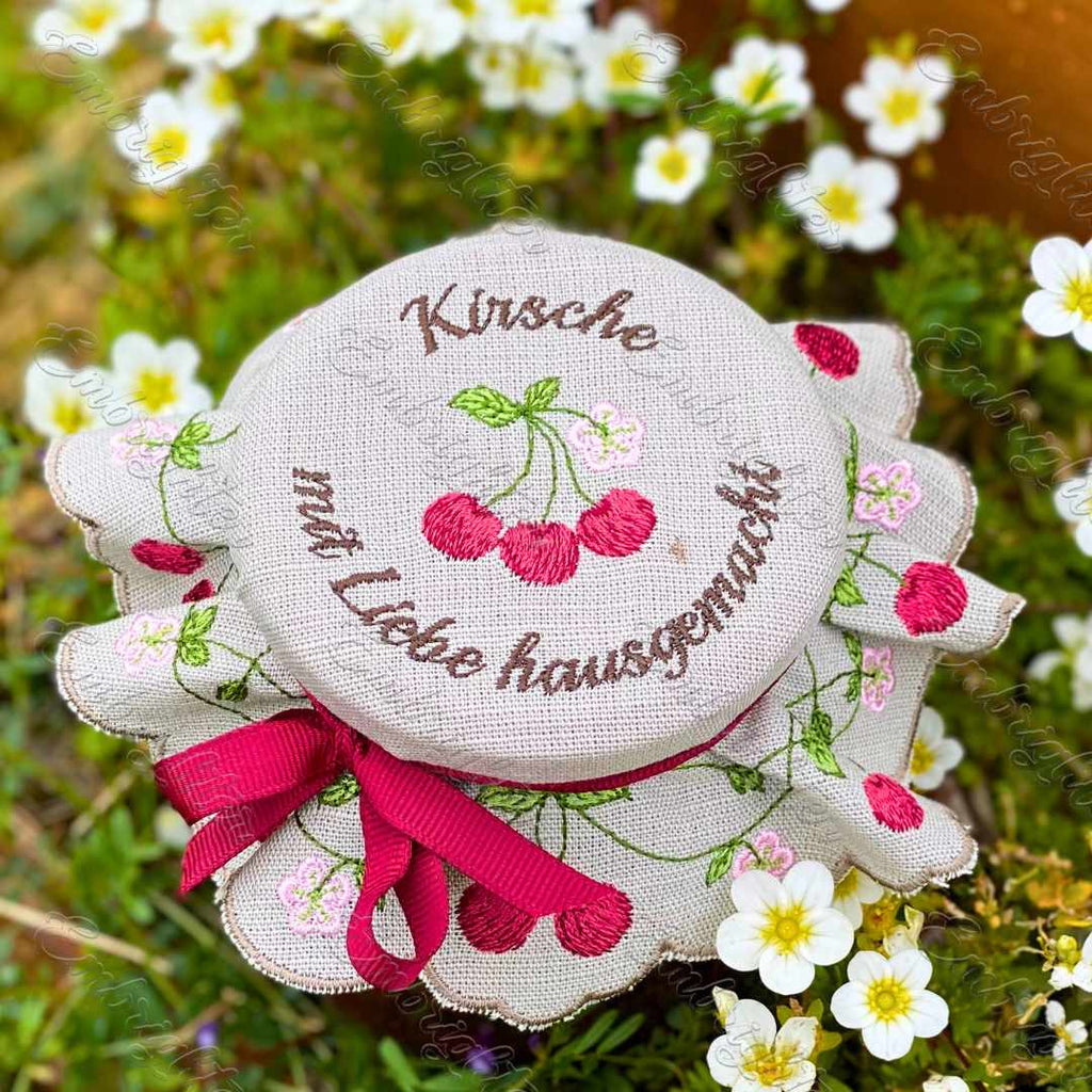 Kirsche jam jar cover embroidery design in two sizes ( DEUTSCH )