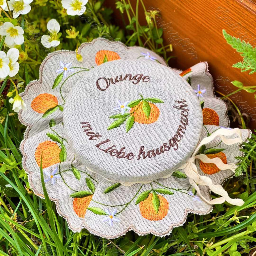 Orange jam jar cover embroidery design in two sizes ( DEUTSCH )
