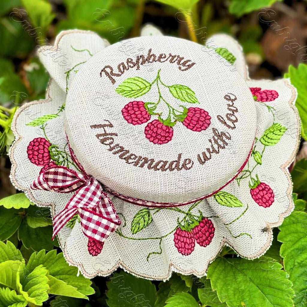Raspberry jam jar cover embroidery design in two sizes