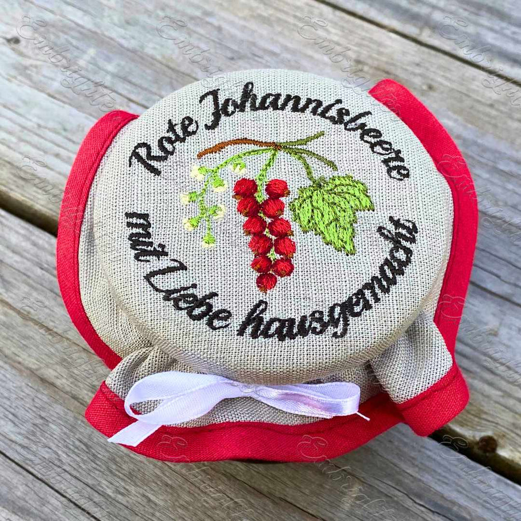Rote Johannisbeere jar lid cover embroidery design (DEUTSCH)