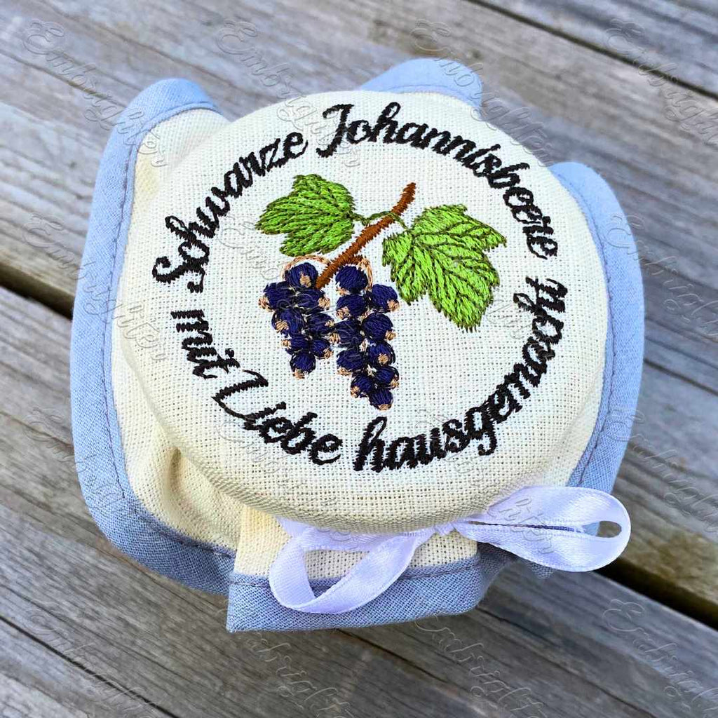 Schwarze Johannisbeere jar lid cover embroidery design (DEUTSCH)