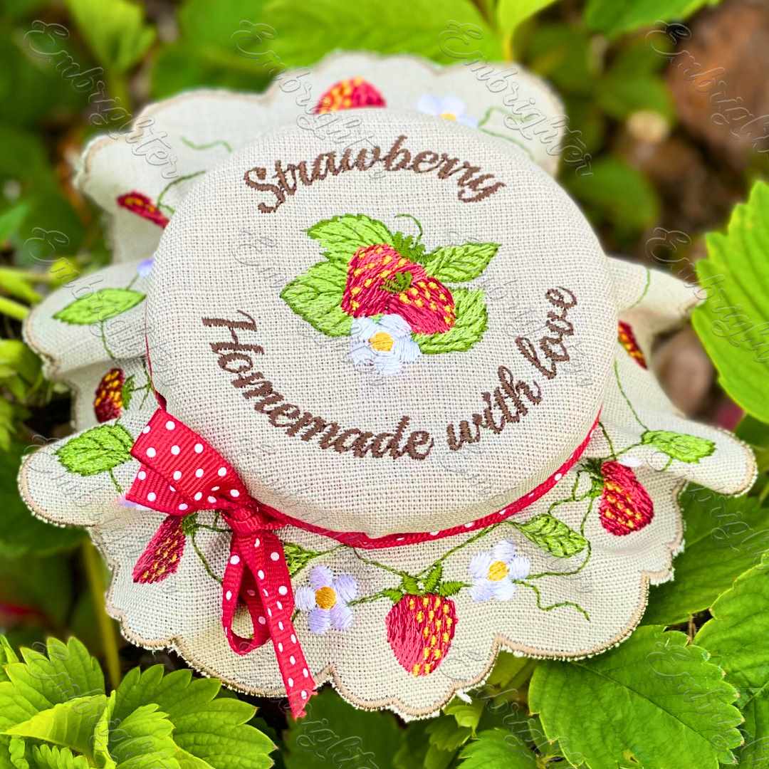 ITH Strawberry jam jar cover embroidery design, available in two sizes