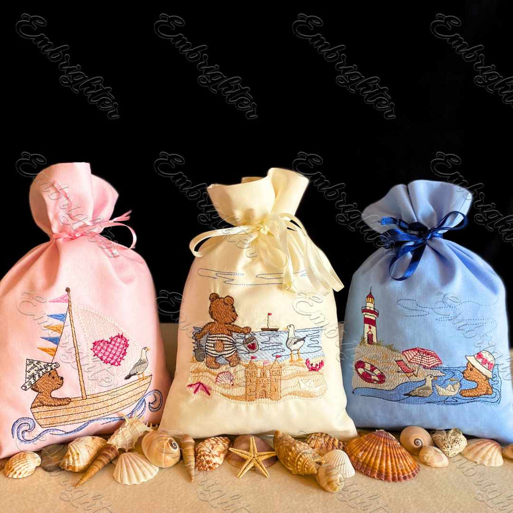 Teddy bear and seagull seaside embroidery design set