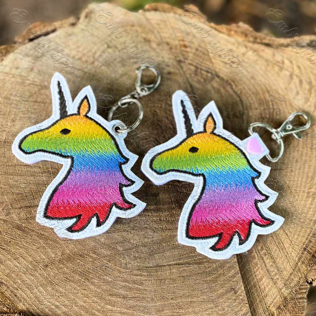 Rainbow unicorn head keychain ITH embroidery design