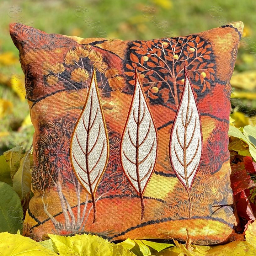 Three golden glow autumn leaves, applique machine embroidery design.