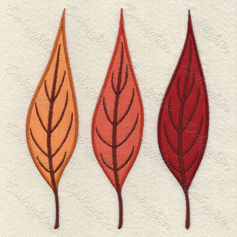 Three golden glow autumn leaves, applique machine embroidery design.