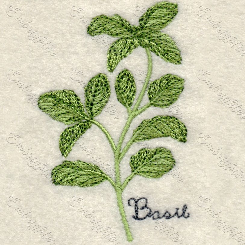 Machine embroidery design. Real looking basil in two sizes. 