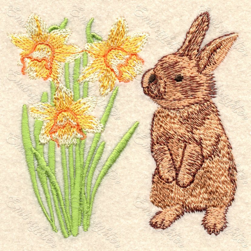 Cute bunny smells daffodils on this beautiful spring embroidery