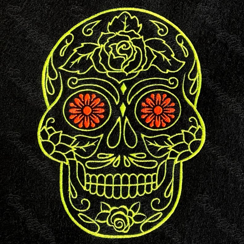 Calavera skull machine embroidery design in two sizes. Mexican skull decorated with flowers.