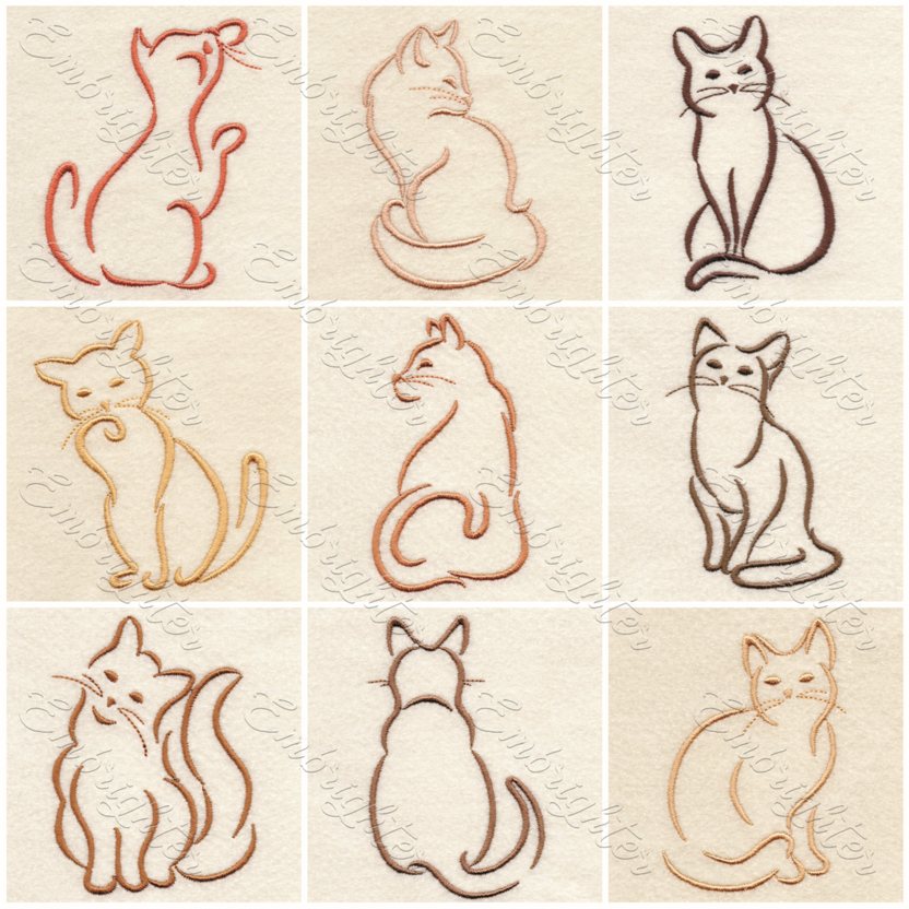 Machine embroidery design. Cute Line drawing cat set. 
