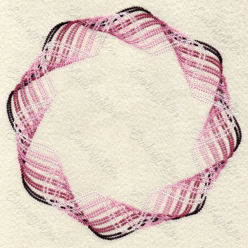 Chain stitch embroidery design. Curved chain stitch lines in six shades, from burgundy to pale pink.