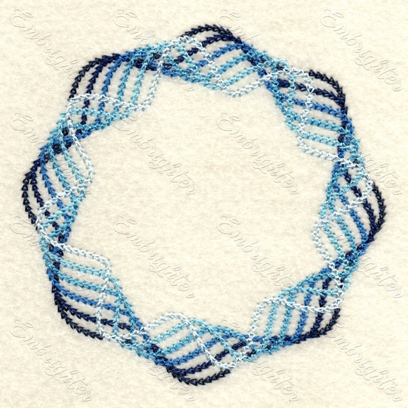 Curved lines embroidery design in small size with chain stitching. Chain stitch lines in six colors, shades of blue from dark blue to pale blue.