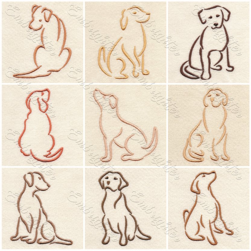 Line drawing dog set embroidery design