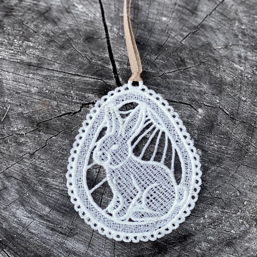 Egg shaped easter free standing lace ornament with cute bunny