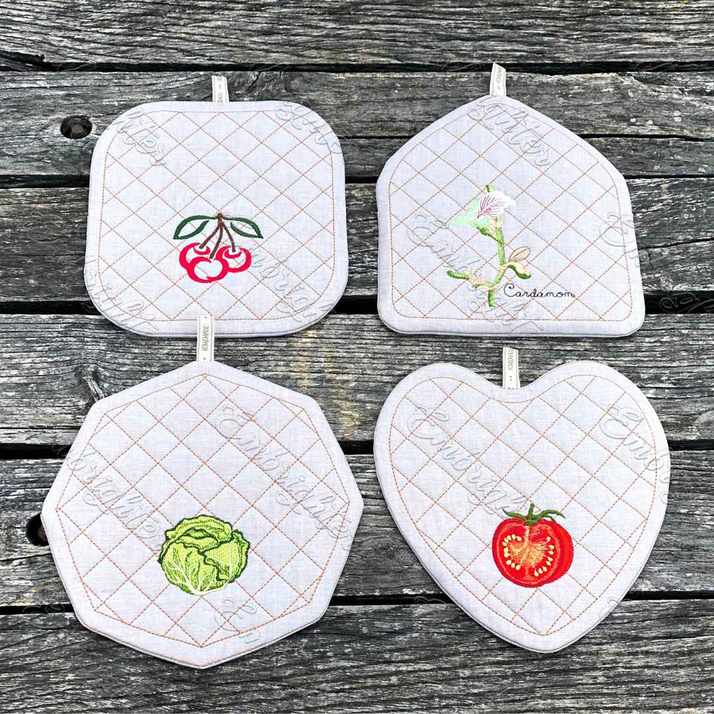 Customizable, blank ITH pot holder embroidery design set with 4 embroi ...