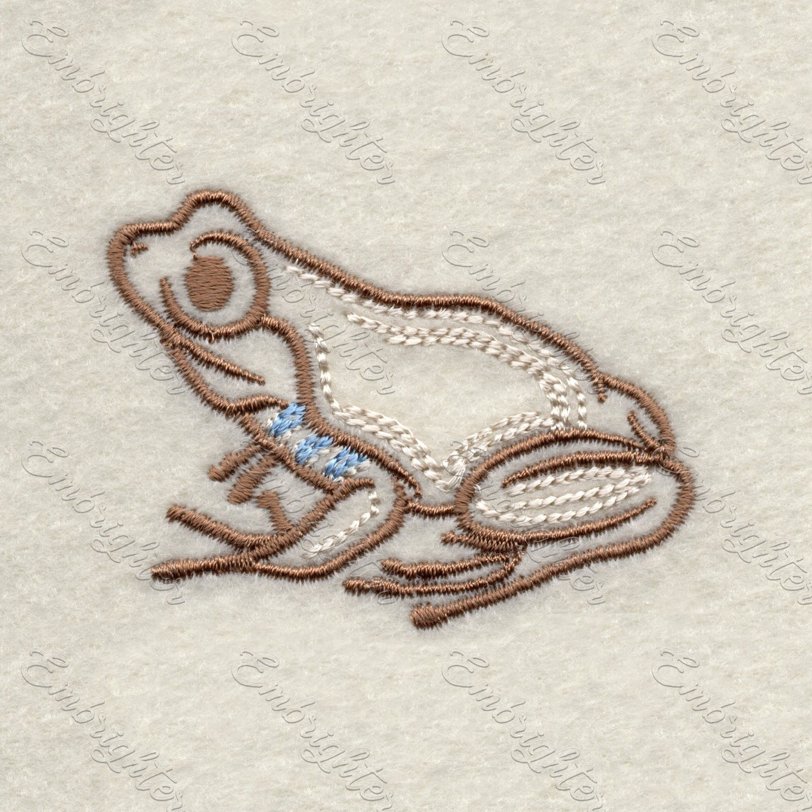 Machine embroidery design. Sitting frog in two sizes, from the Lake wildlife set.