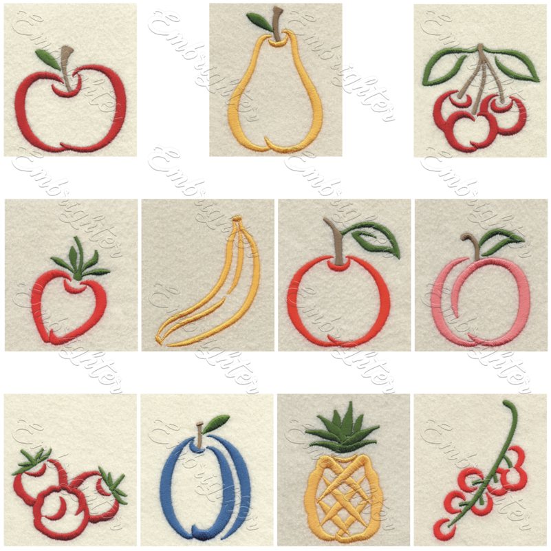 Machine embroidery design. Cute satin stitch fruits set in two sizes. 