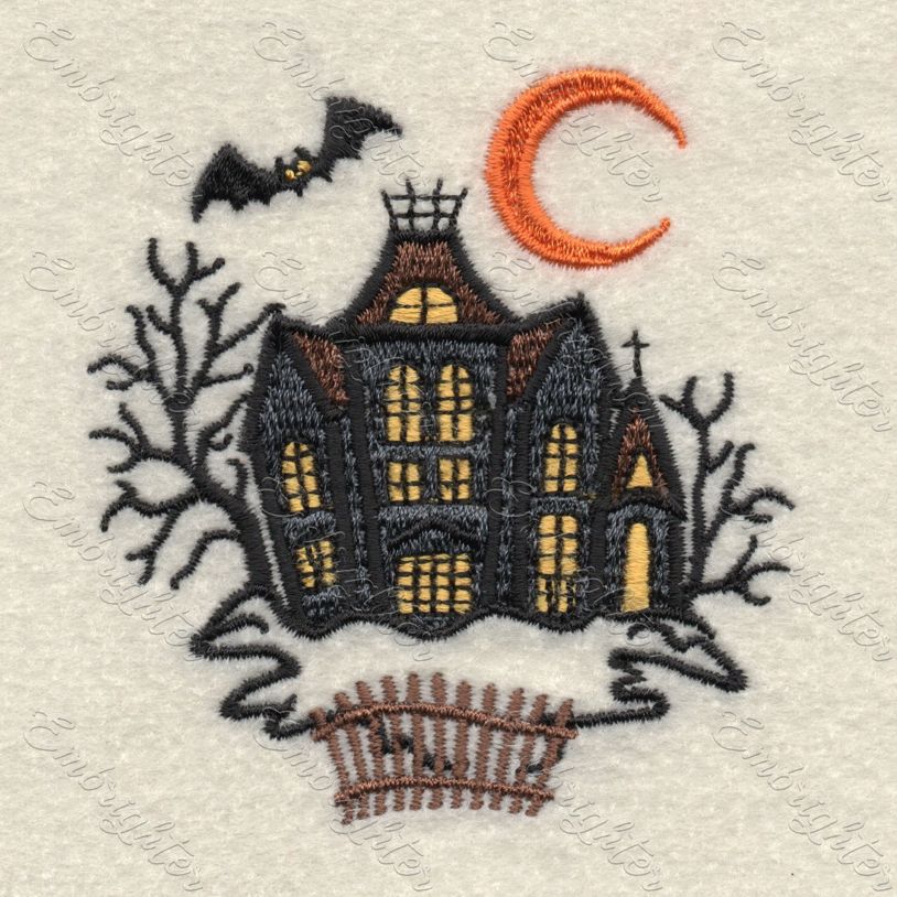 Machine embroidery design. Scary halloween pattern. Castle with bat and moon. 