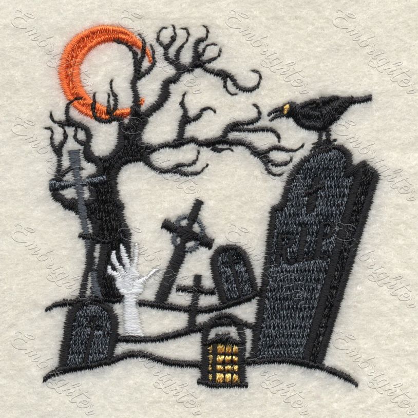 Machine embroidery design. Scary halloween pattern, Cemetery.