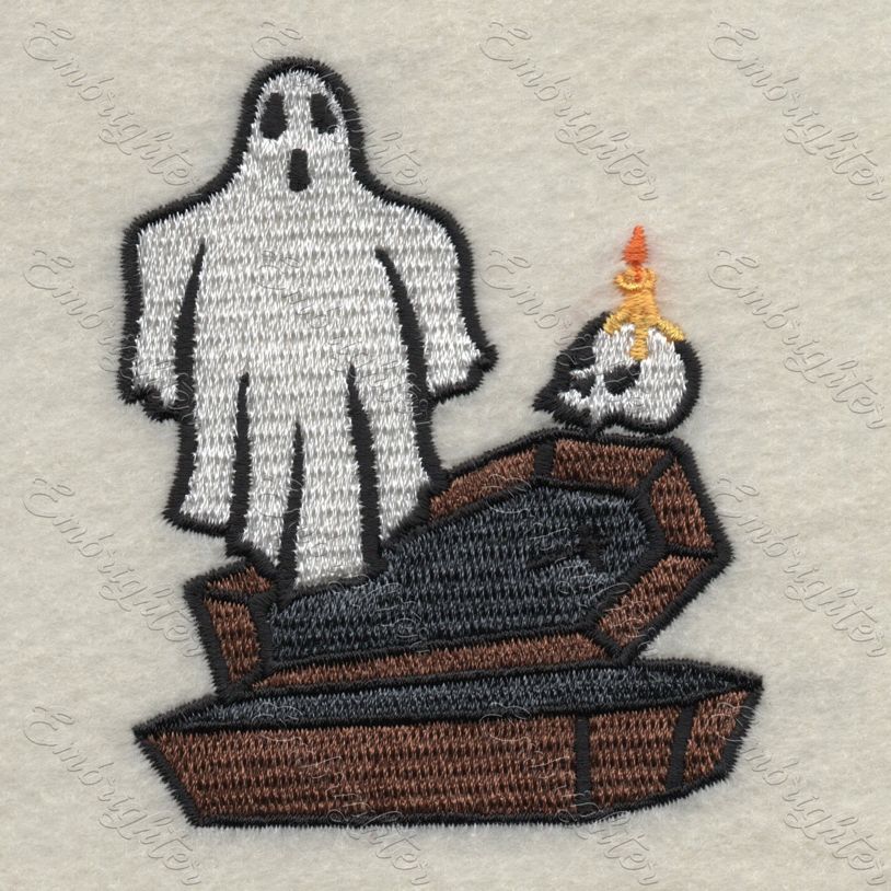 Machine embroidery design. Scary halloween pattern. Ghost comes out of the coffin.