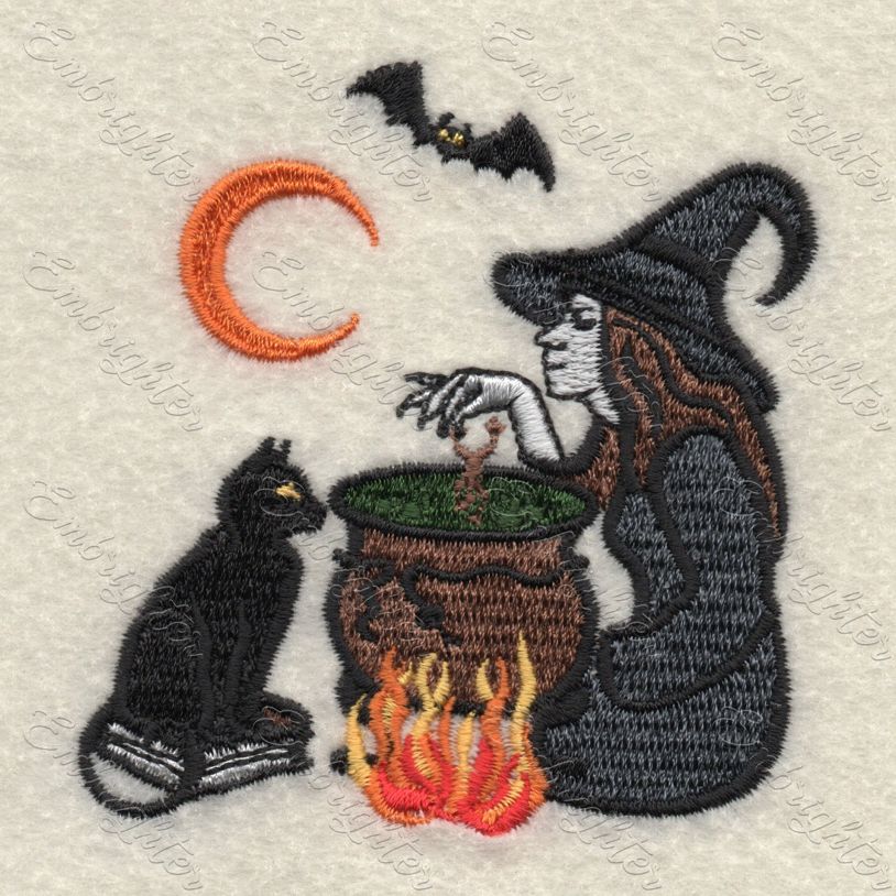 Machine embroidery design. Lovely halloween pattern. Witch cooks poison. 