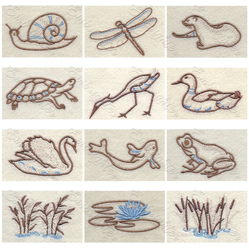 Machine embroidery design. Excellence Lake wildlife set in two sizes. 