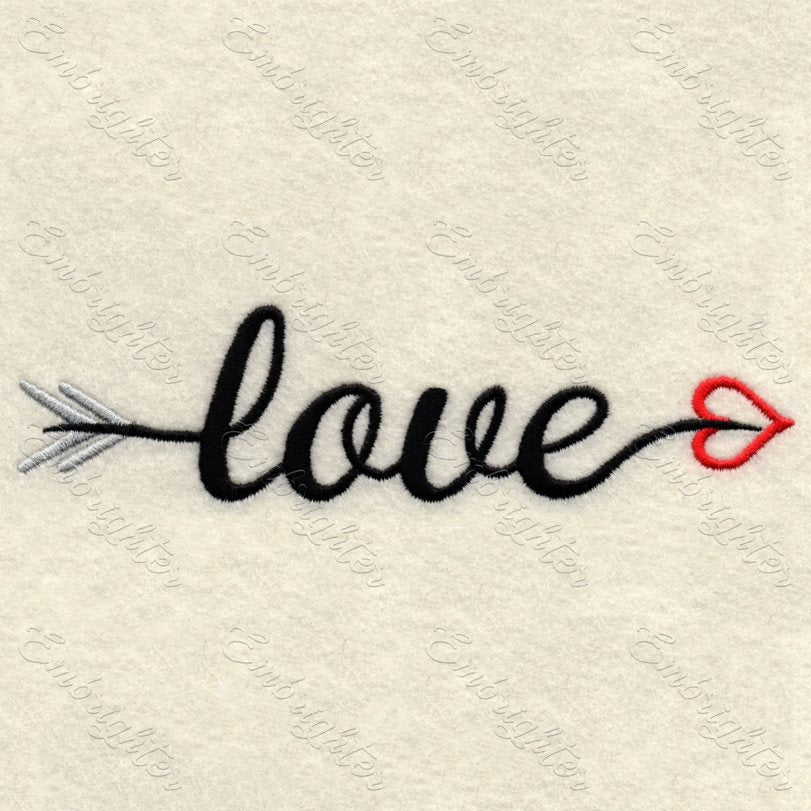 Machine embroidery design. Cute Love lettering as arrow in two sizes. 