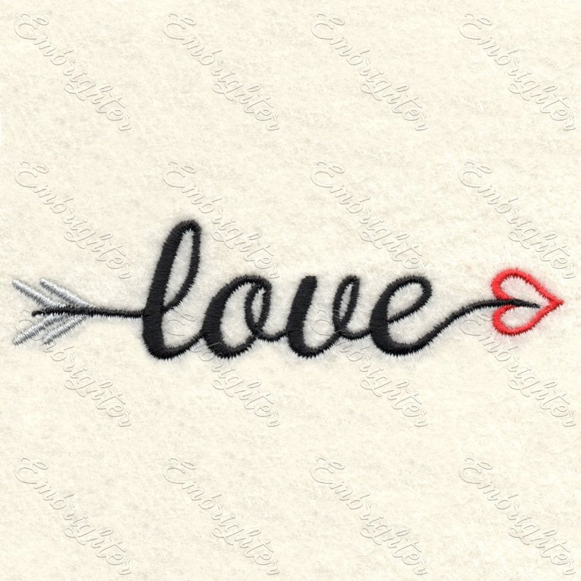 Machine embroidery design. Cute Love lettering as arrow in two sizes. 