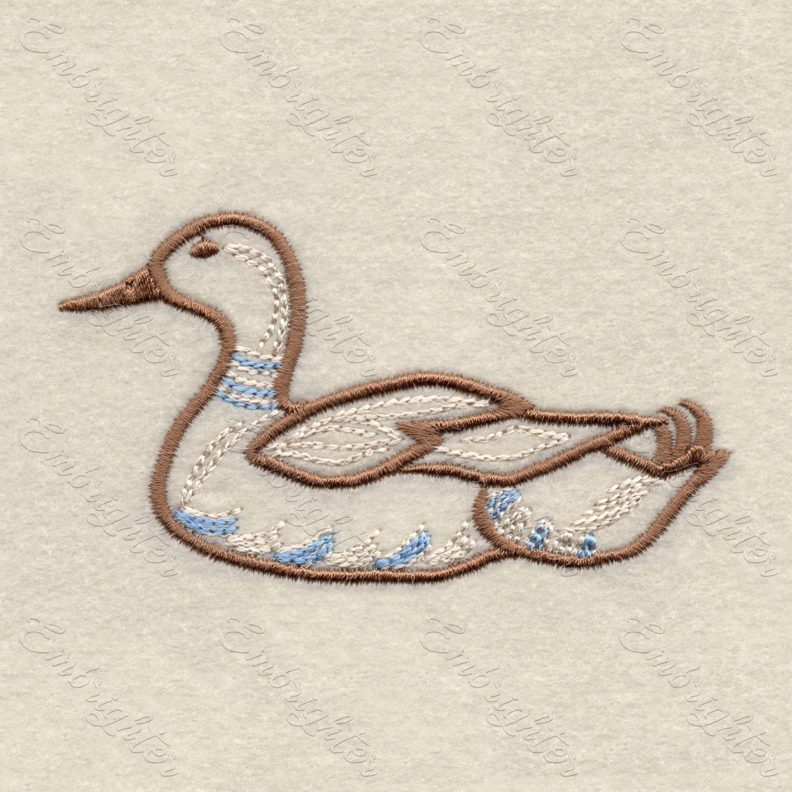 Machine embroidery design. Floating mallard in two sizes, from the Lake wildlife set.