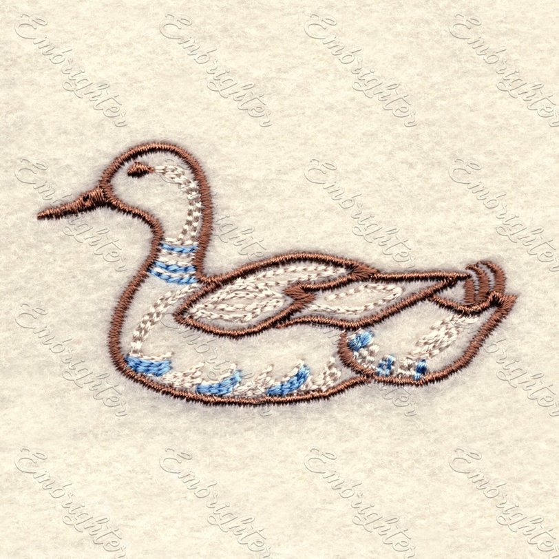 Machine embroidery design. Floating mallard in two sizes, from the Lake wildlife set.