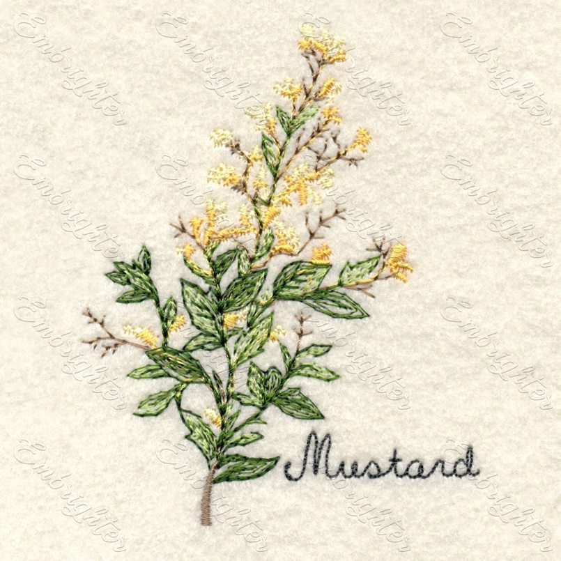 Machine embroidery design. Real looking mustard in two sizes.