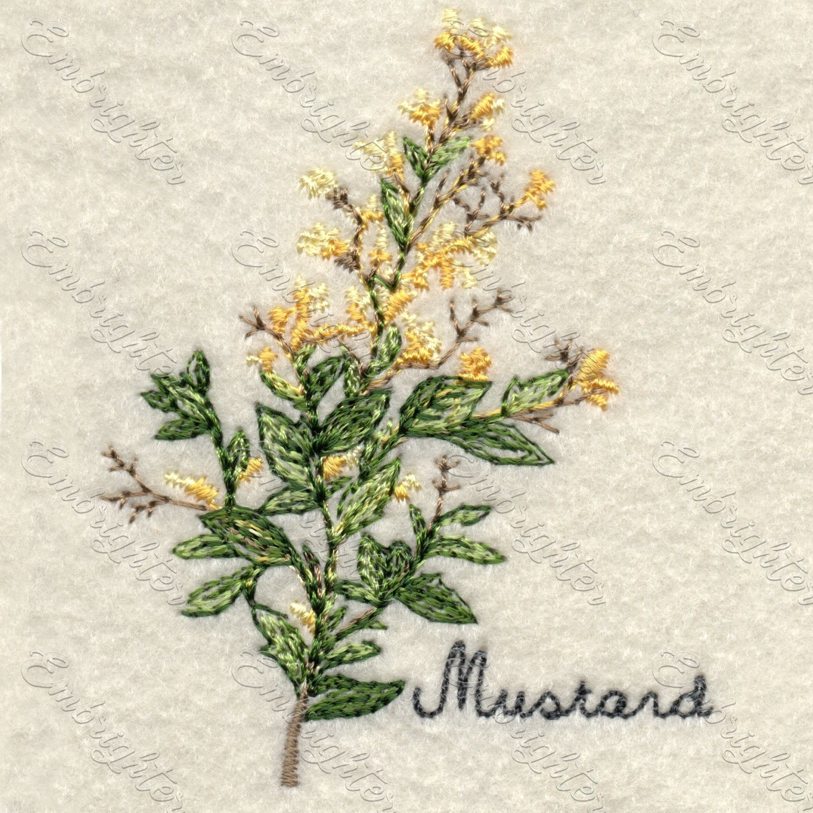 Machine embroidery design. Real looking mustard in two sizes.
