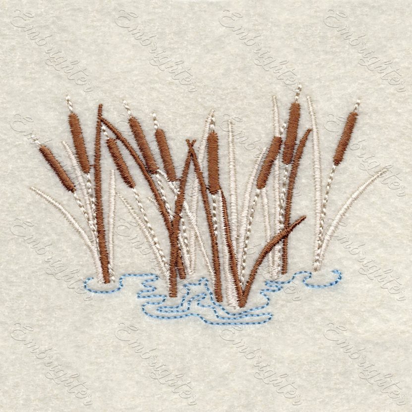 Machine embroidery design. Sizzling Reeds in two sizes, from the Lake wildlife set.