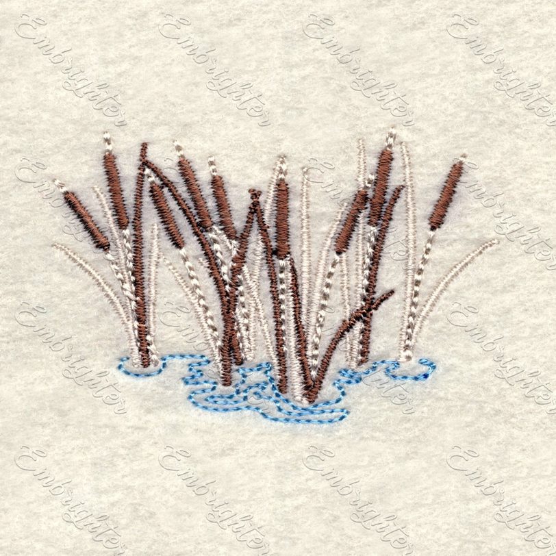 Machine embroidery design. Sizzling Reeds in two sizes, from the Lake wildlife set.