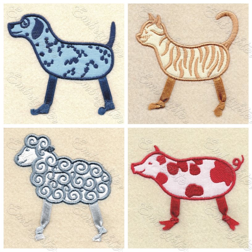 Ribbon-legged farm animal embroidery design set
