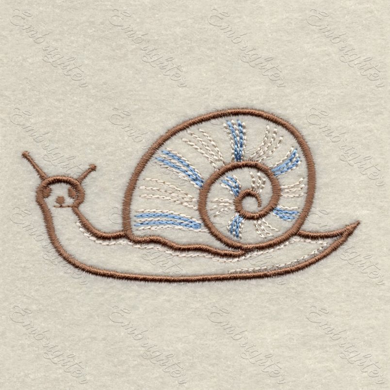 Machine embroidery design. Slow snail in two sizes, from the Lake wildlife set. 