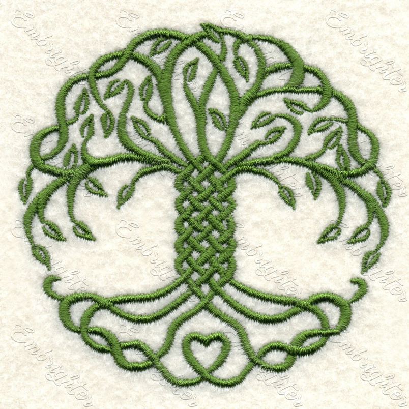 Tree of life machine embroidery design. Circular Celtic tree of life with heart pattern at the root. It means that all life on Earth is interconnected.