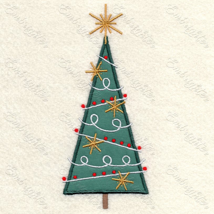 Cheerful Christmas tree applique machine embroidery design. Cute Christmas tree with garland and golden snowflakes. 