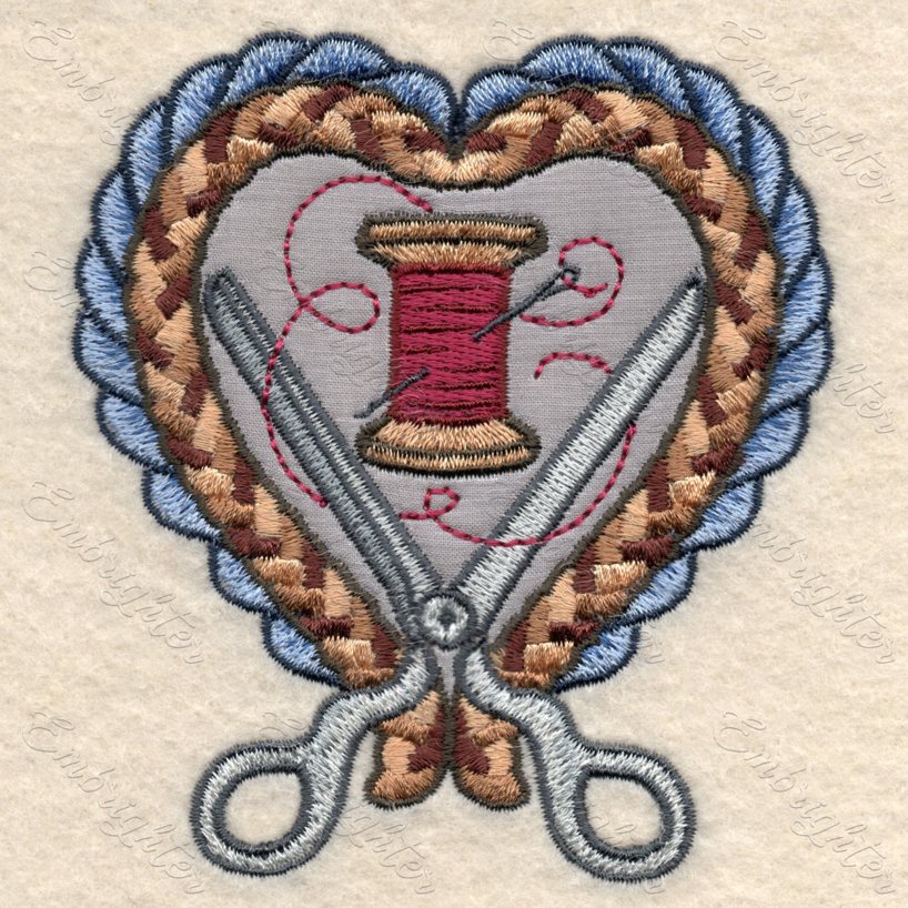 Scissors and thread in heart machine embroidery design